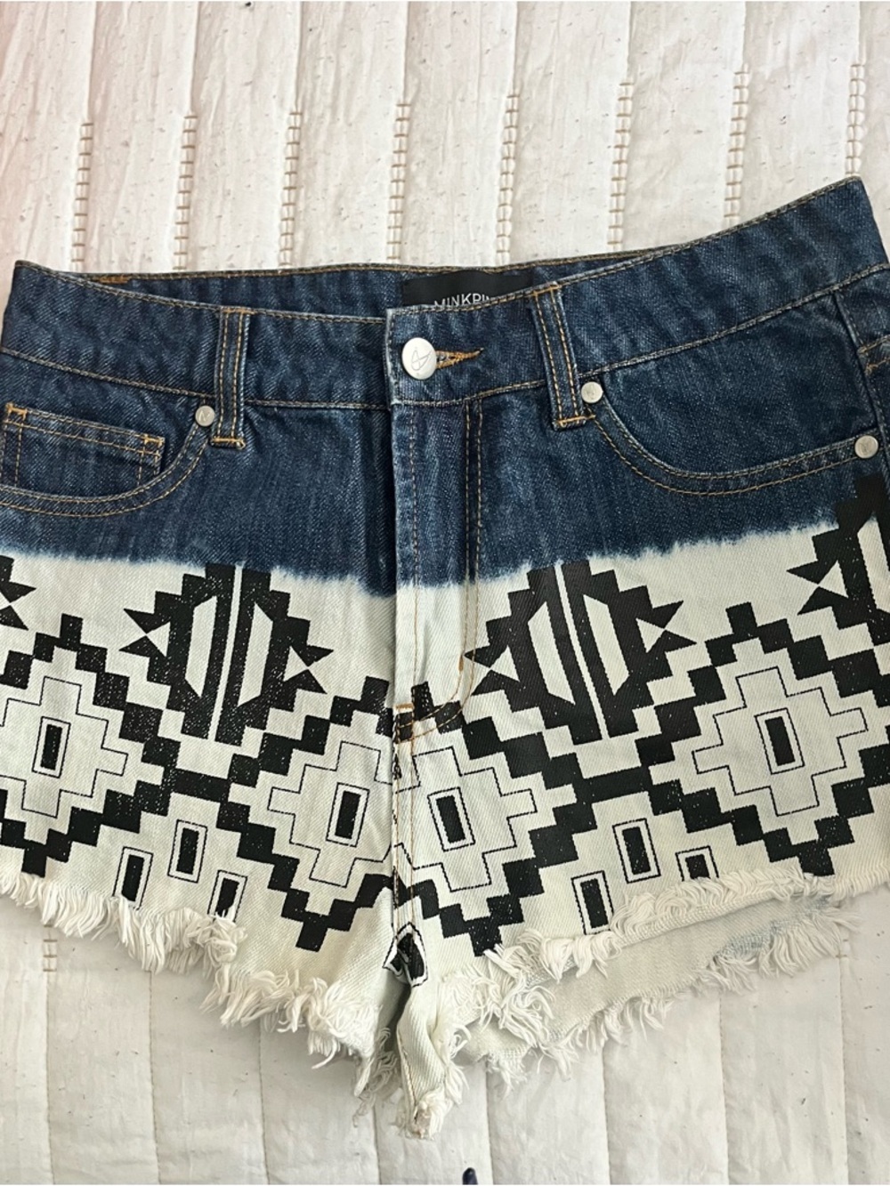 MINKPINK Indigo Blue & White Aztec Fringe Denim Shorts - Picture 1 of 1